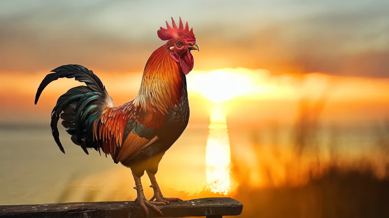 A rooster stands on a wooden post by the water. The rooster is red, black, and white. The sky is orange and the sun is setting