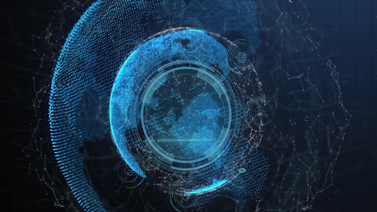 animación del escáner de texto y huellas dactilares de protección de datos en todo el mundo y red de conexiones