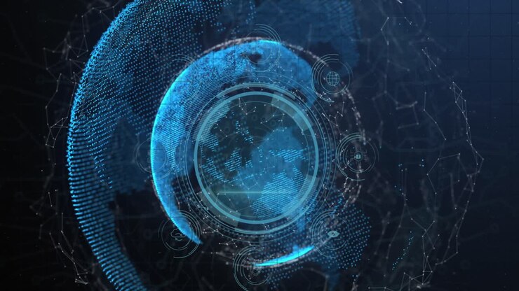Animation of data protection text and fingerprint scanner over globe and network of connections