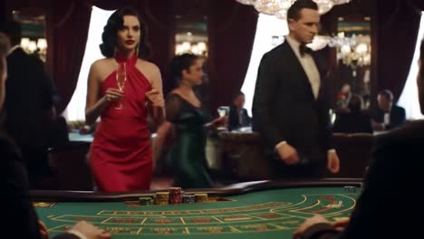 elegant casino night: a glamorous scene of high stakes and sophistication featuring a stylish woman in red with a glass of champagne amidst a lavish gambling atmosphere