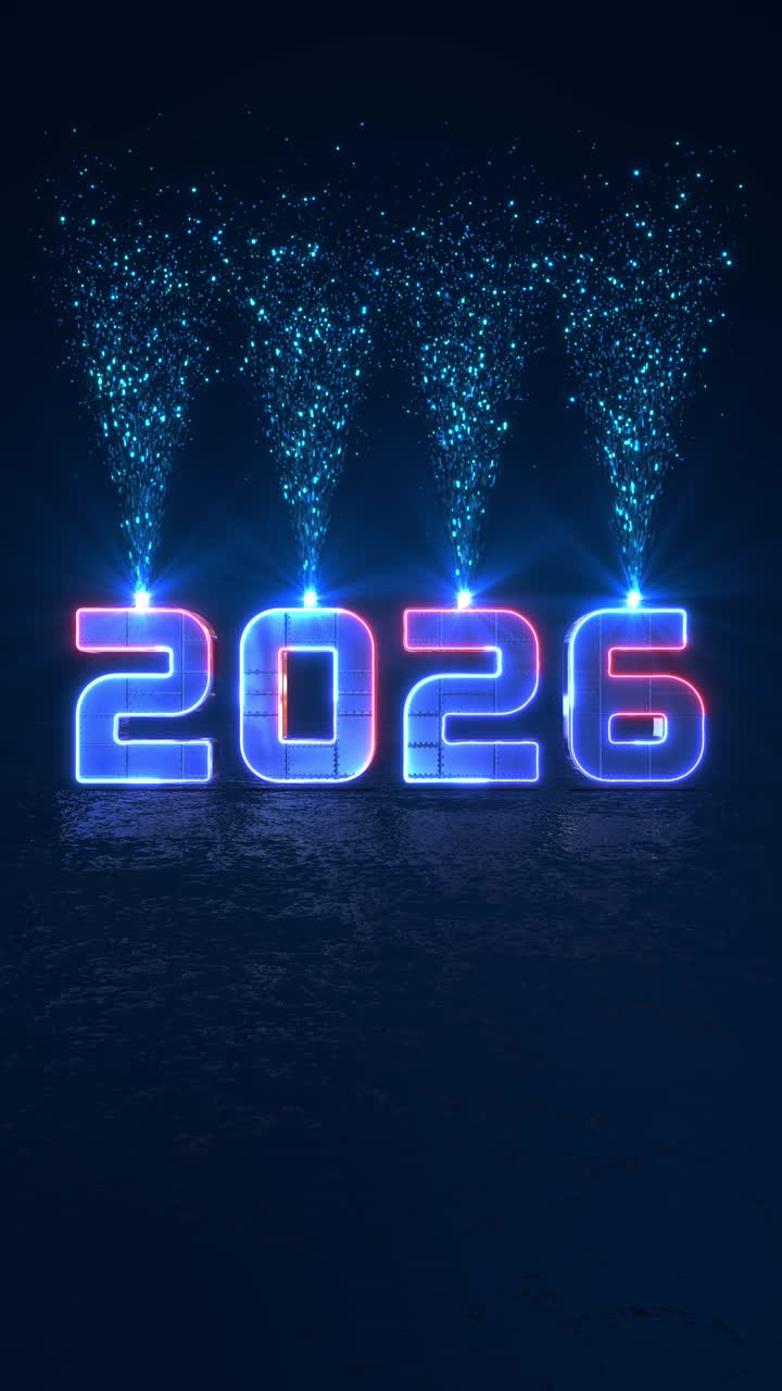 Sfondo blu 2026 felice anno nuovo, esplosione cyber digitale, evento tecnologico, podio per evento di IA relativo ai giochi