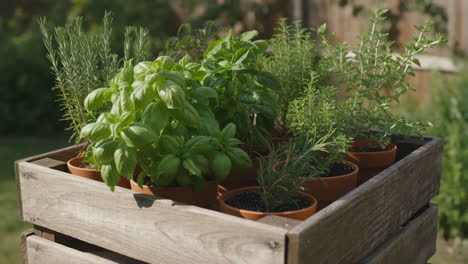 assortment of fresh herbs in pots in a wooden crate