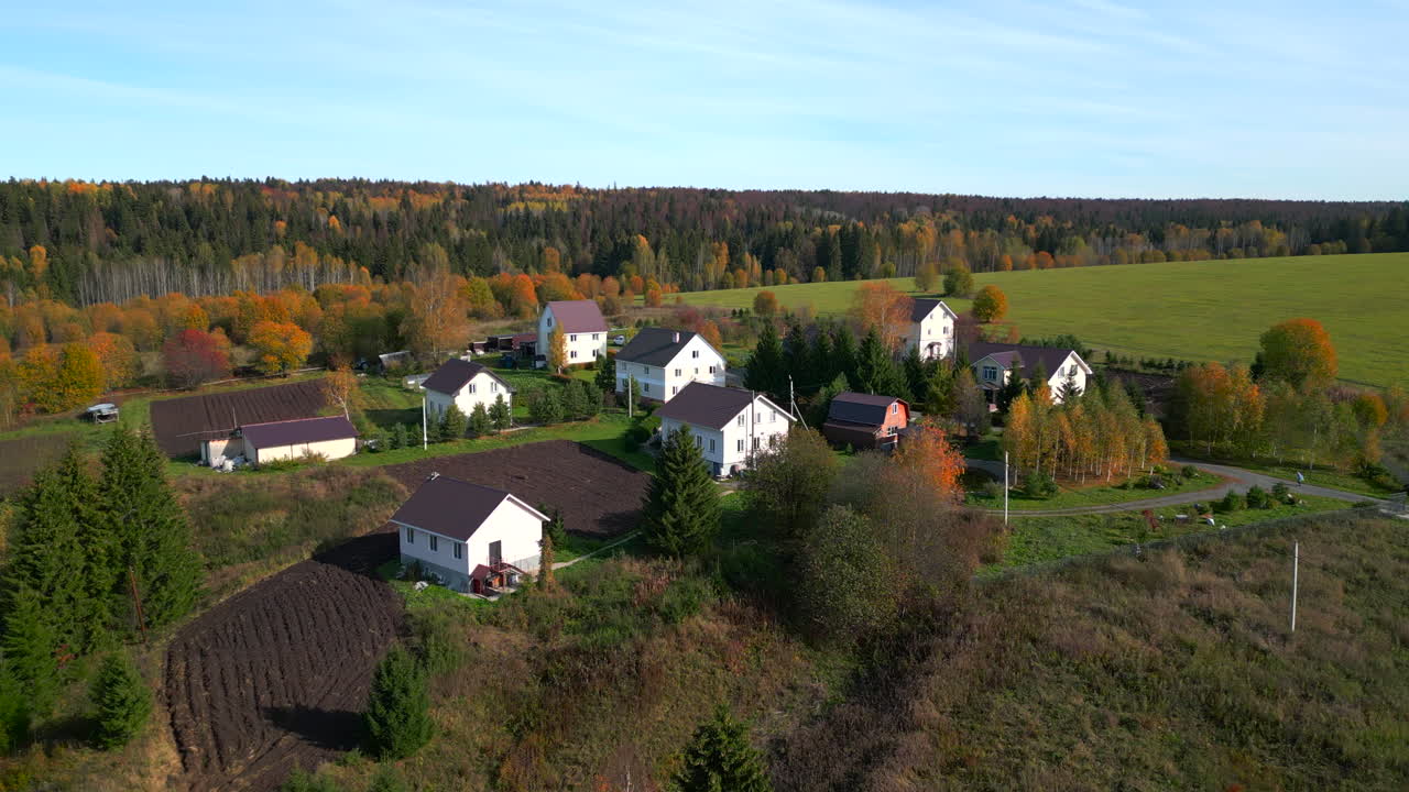 Luftfoto af landsbyhuse nær en stor grøn mark og efterårsskov. Drone svæver over kompakt beboelsesområde. Klip
