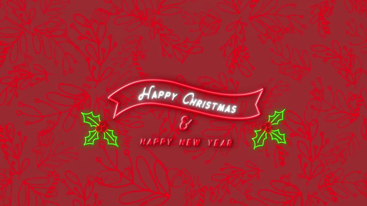 레드 배경 에 있는 장식 과 패턴 위 에 네온 크리스마스 인사 의 애니메이션