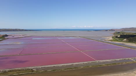 Estanques-De-Sal-Rosa-Vibrante-Con-Vista-Al-Océano-Detrás,-Toma-Aérea-De-Carros