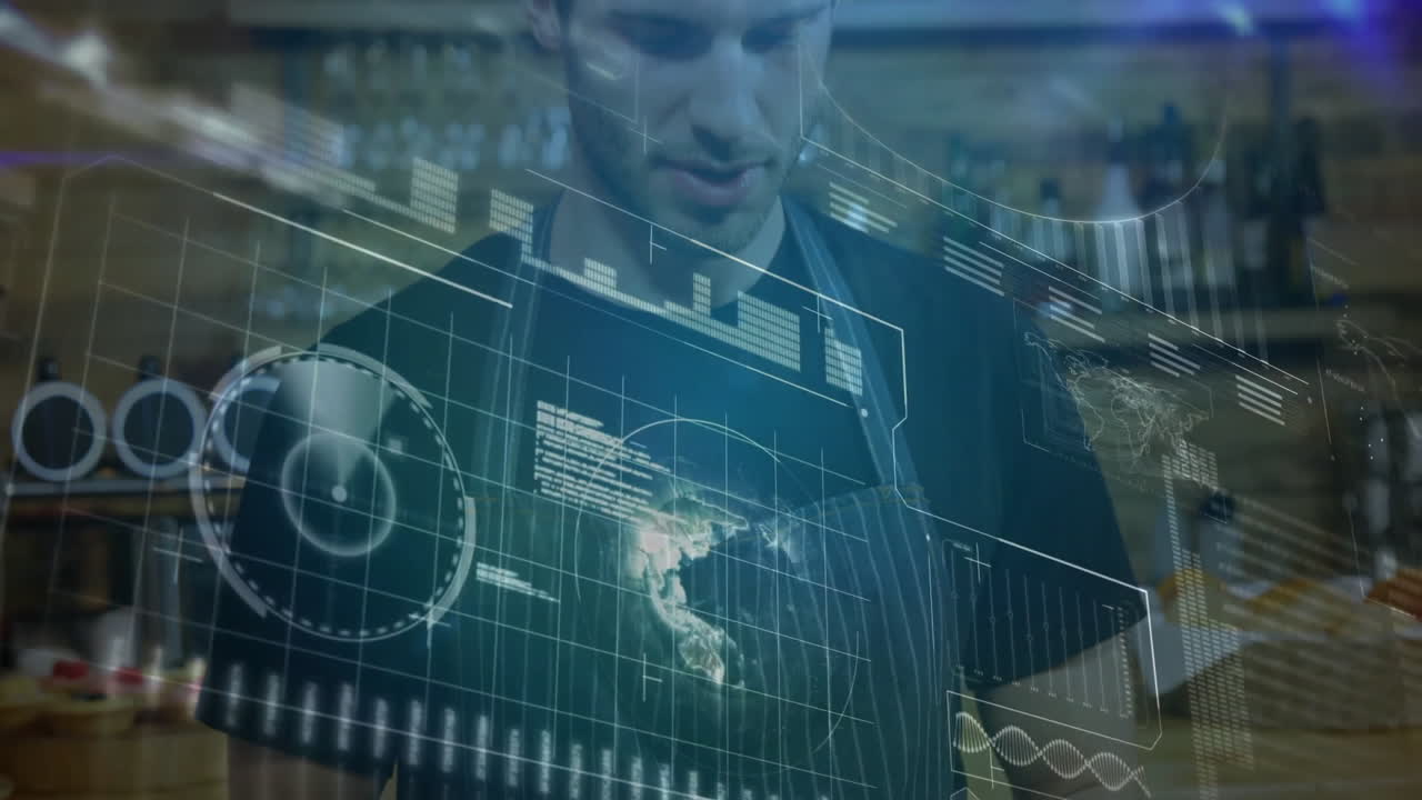 In kitchen, man in apron interacting with futuristic animation data interface