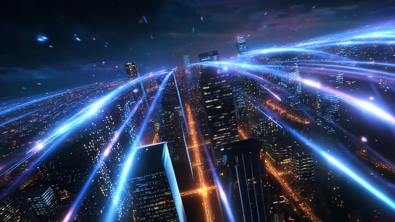 A Stunning Aerial View of a Futuristic Cityscape Illuminated by Neon Lights, Conveying a Sense of Speed and Connectivity, Showcasing Vibrant Nightlife and the Energy of Urban Modernity