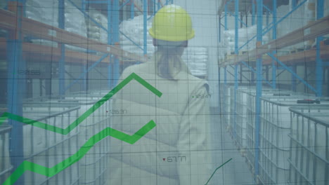 Walking-through-warehouse,-worker-with-helmet-over-stock-market-graph-animation