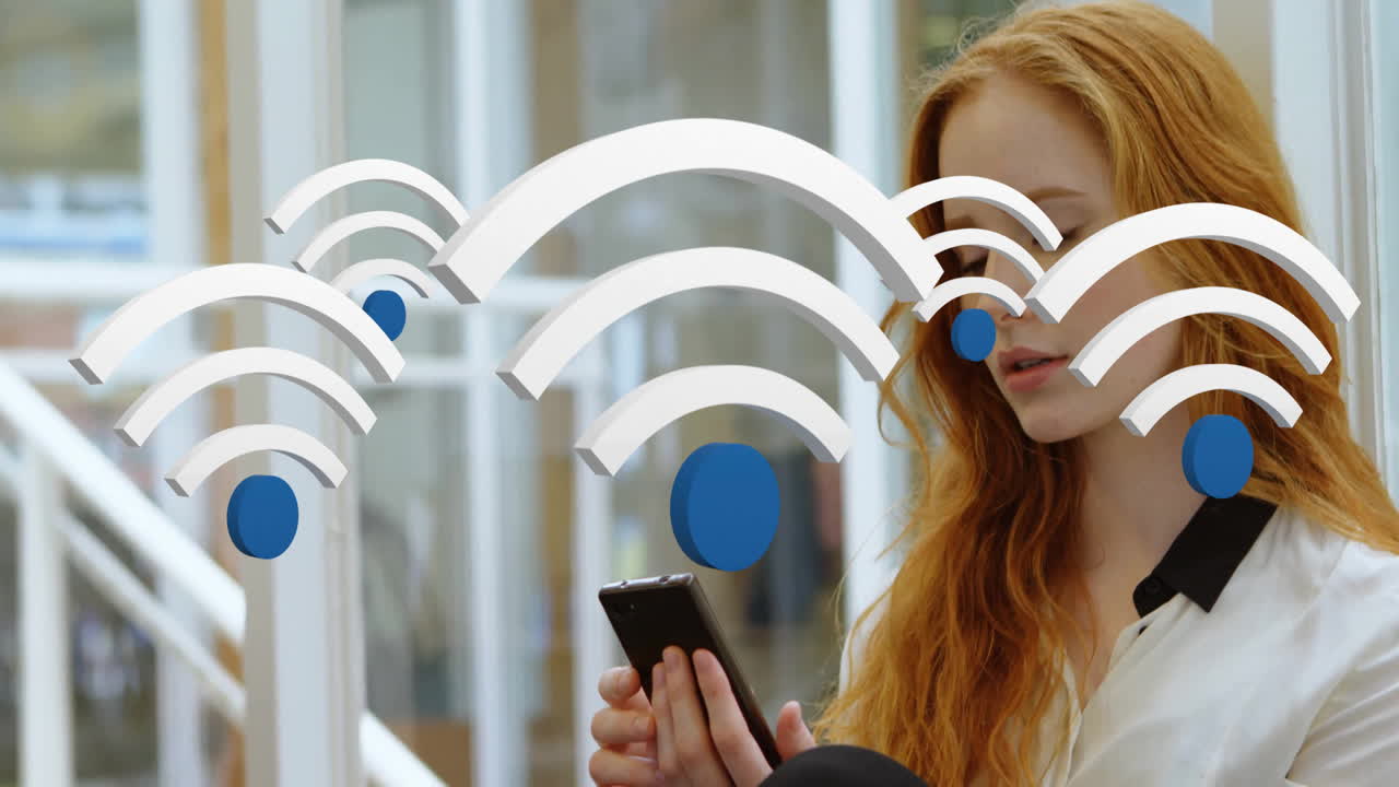 woman streaming data on smartphone indoors, showcasing technology via floating Wi?Fi signal icons