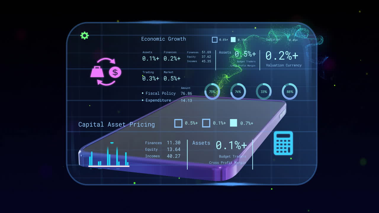 Animation of smartphone and screens with banking data over black background