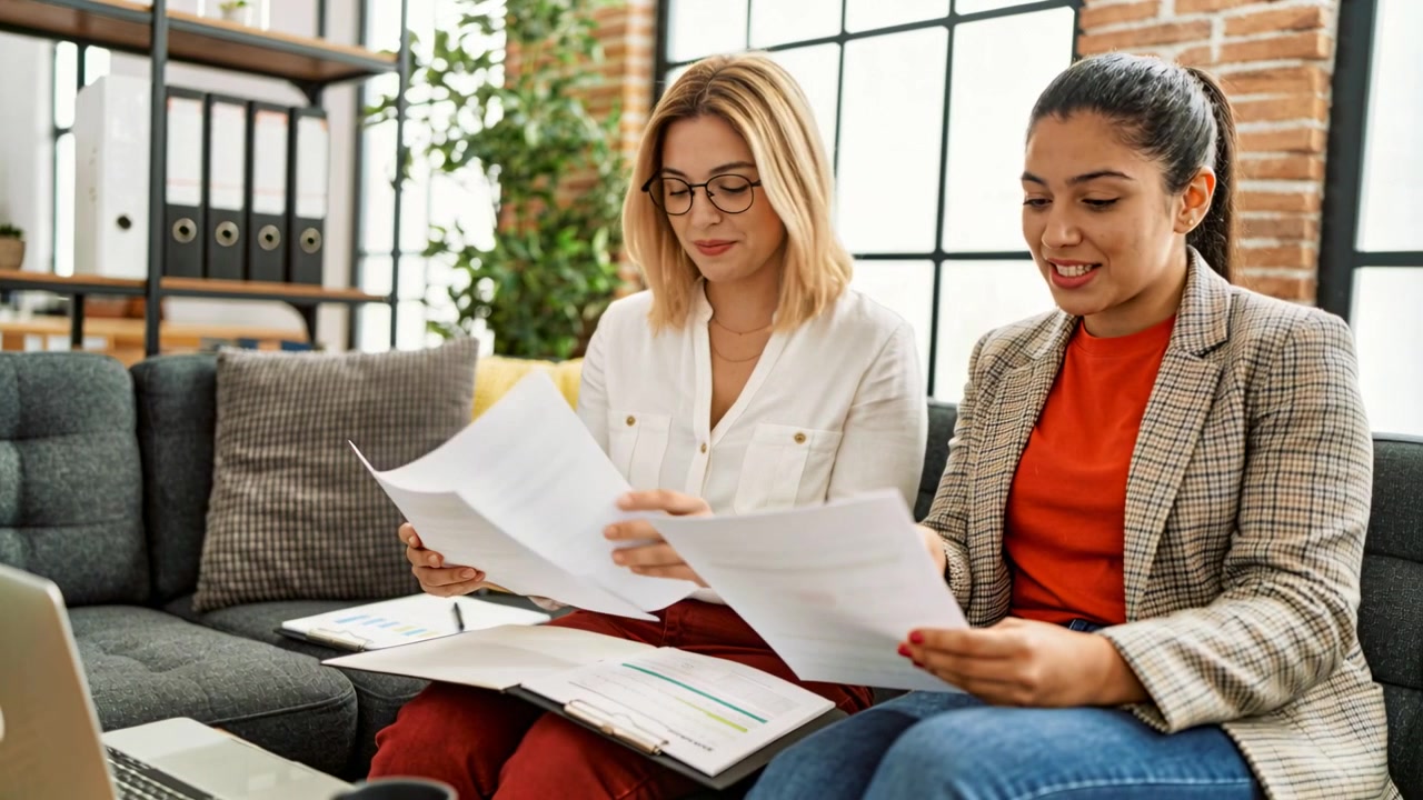 Opening folders, 2 women reviewing docs on sofa in lounge with laptop, business-wear for review