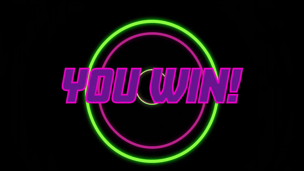 Winning animation in bold pink text with neon green circle on black background