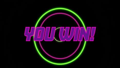 winning animation in bold pink text with neon green circle on black background