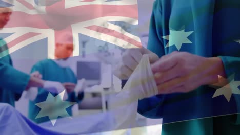 Animation-Der-Flagge-Australiens,-Die-über-Chirurgen-Im-Operationssaal-Weht