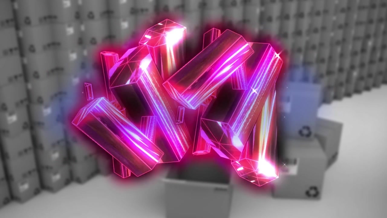 Animaatio hehkuvista vihreistä lohkoista pilvien ja digitaalisten ikonien kanssa.