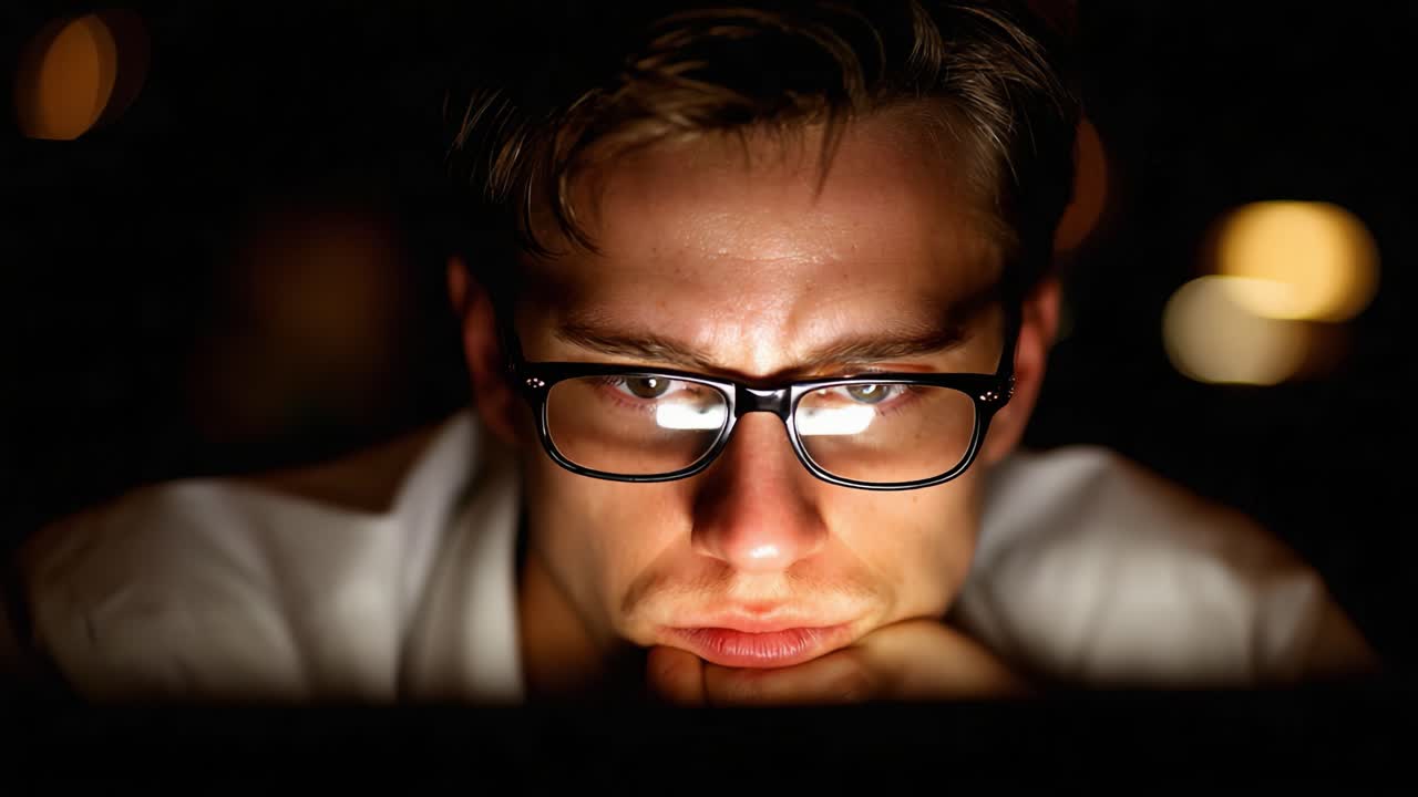 Intense Focus: A Close-Up of a Young Adult Engrossed in Work or Entertainment While Staring at a Bright Computer Screen with a Pensive Expression in a Dimly Lit Environment