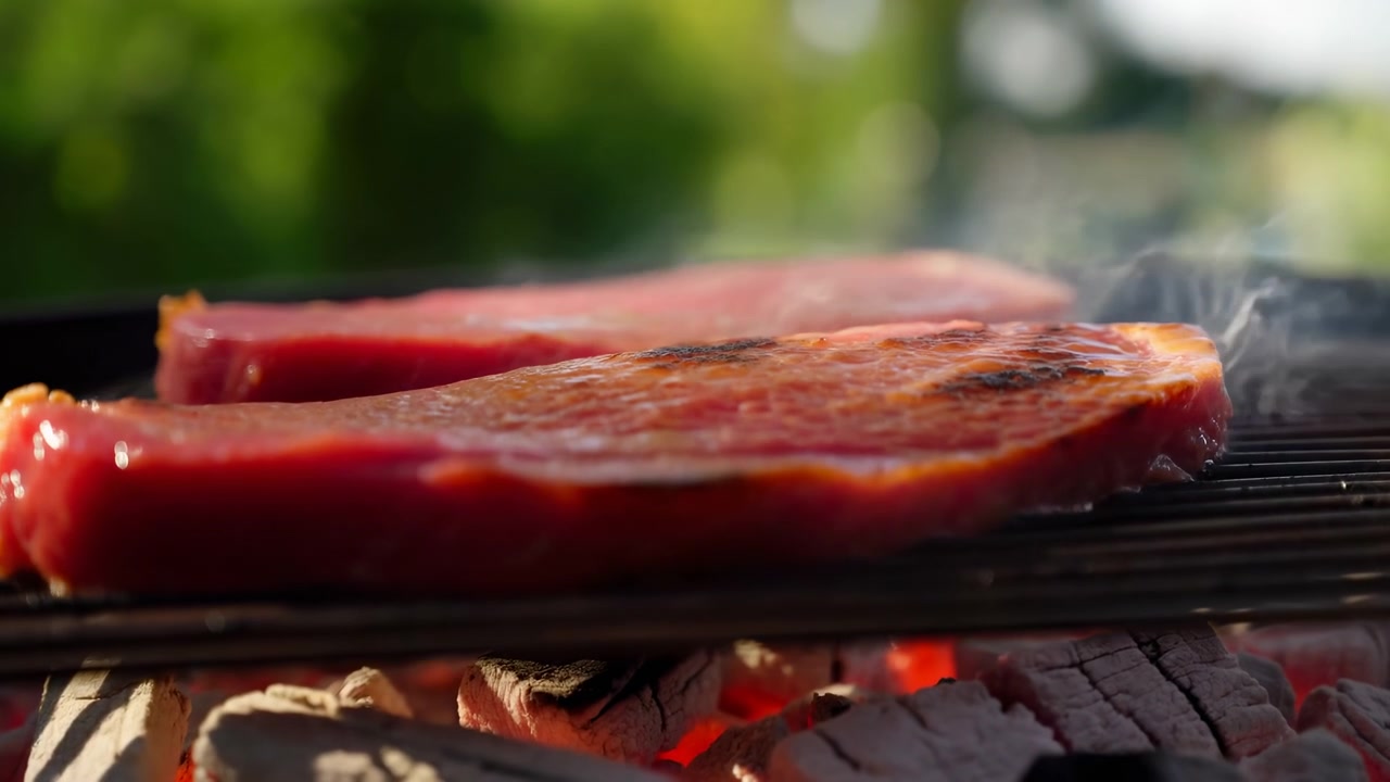 Bistecca cruda che sfrigola su una griglia a carbone, primo piano di una spessa costata che si scotta su braci ardenti, con volute di fumo