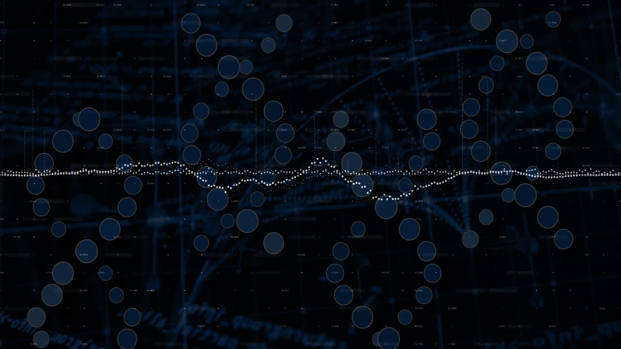Data processing animation with graphs and dots over dark background