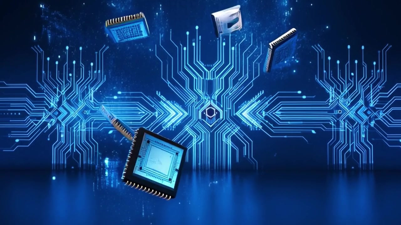 Floating Computer Microchips Against a Digital Circuit Board Background