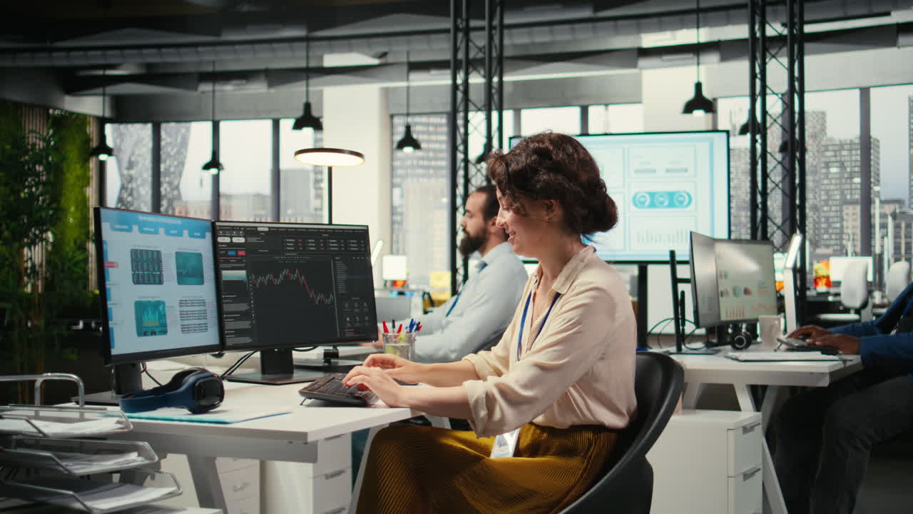 Vertical Video Pleased finance advisor celebrating global market trends progress