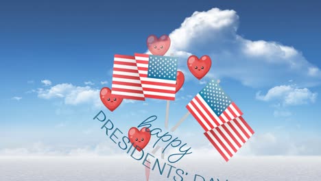 animation of hearts , flags of usa and happy presidents day over sky