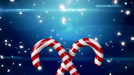 animation of falling stars over candy cane on blue background