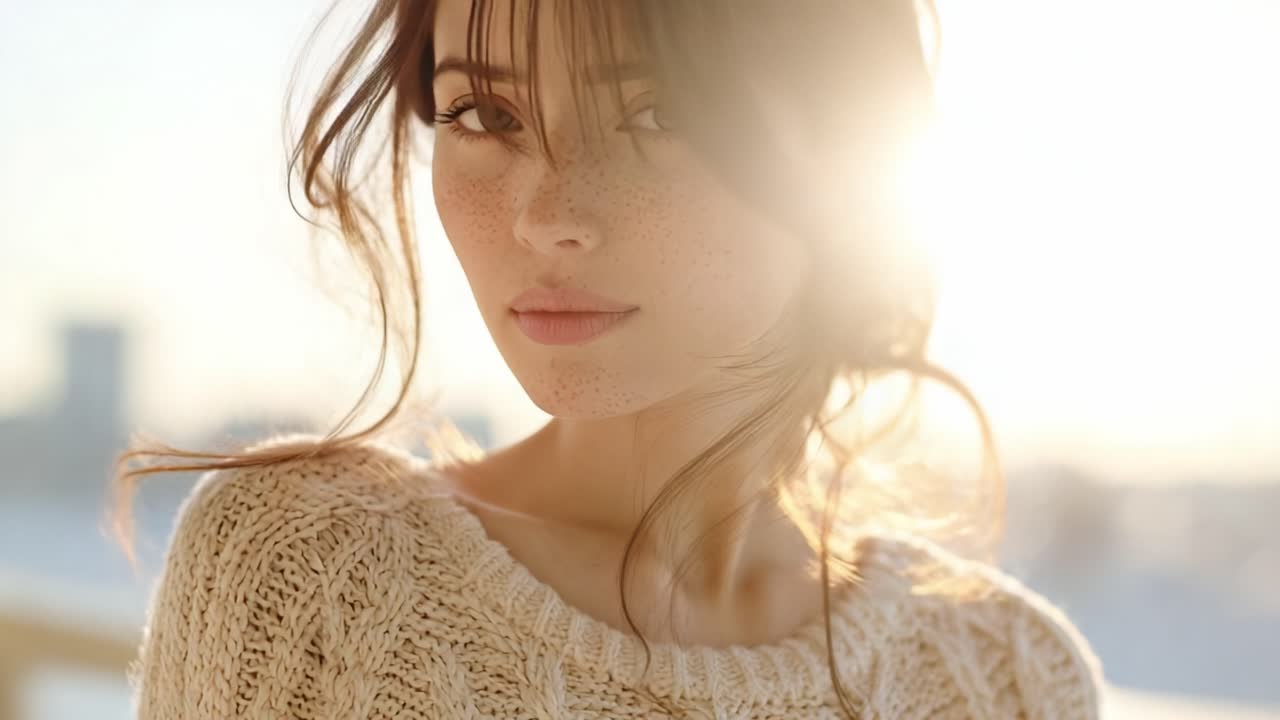 Captivating Portrait of a Young Woman Bathed in Golden Sunlight, Emphasizing Natural Beauty with Soft Focus and Warm Tones