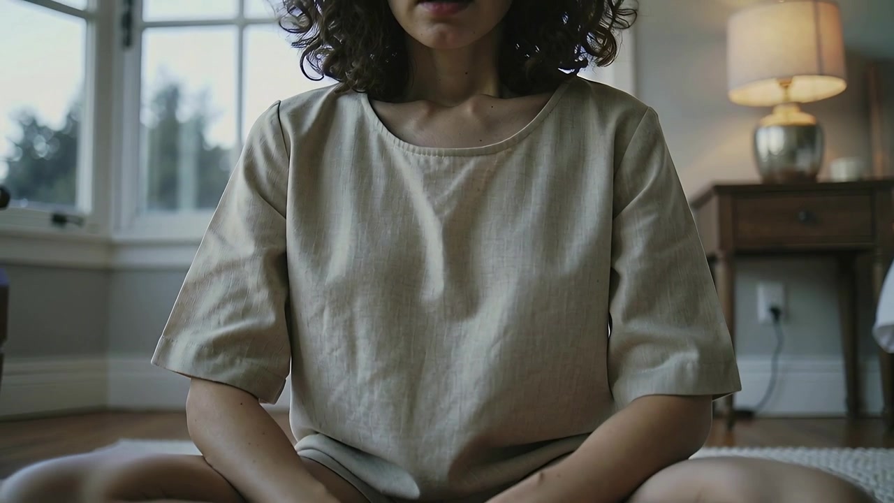 Donna che posa un libro, lo liscia, unisce le mani, preparandosi a parlare a casa con un telefono, indossando un top beige