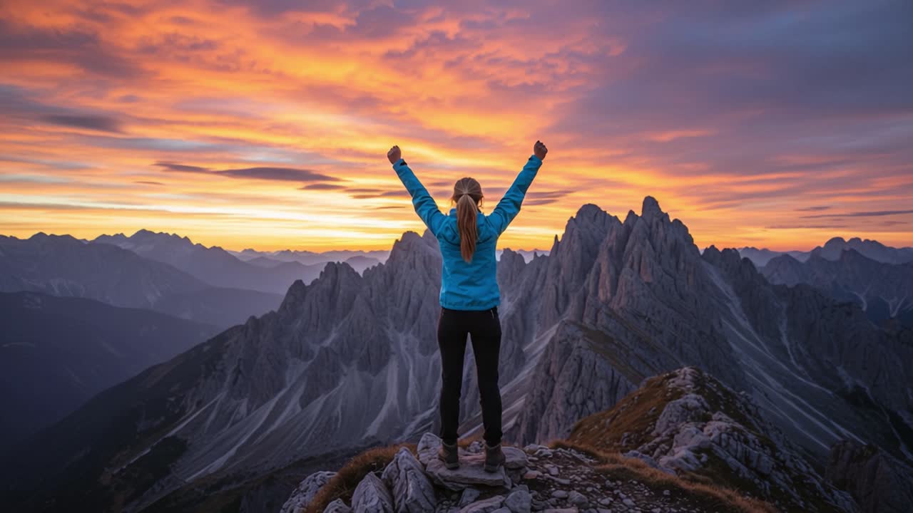 A triumphant figure stands against a breathtaking sunset, arms raised high, celebrating achievement and the beauty of nature in a stunning mountain landscape