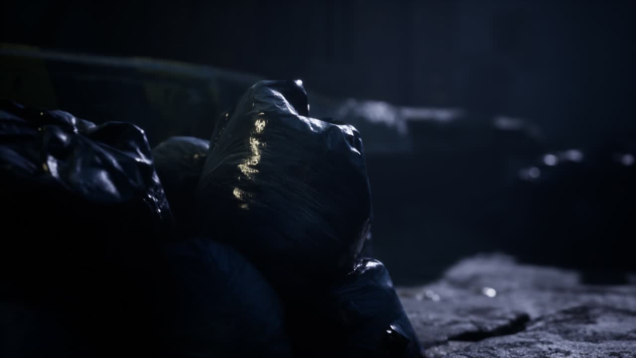 мешки с мусором на городской улице в ночь