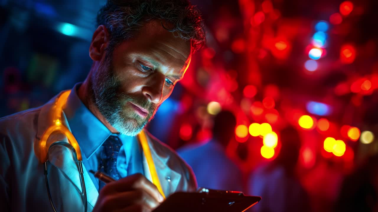 A dedicated healthcare professional intently examines a clipboard, showcasing focus and commitment amidst a vibrant and dynamic environment filled with colorful lights and movement