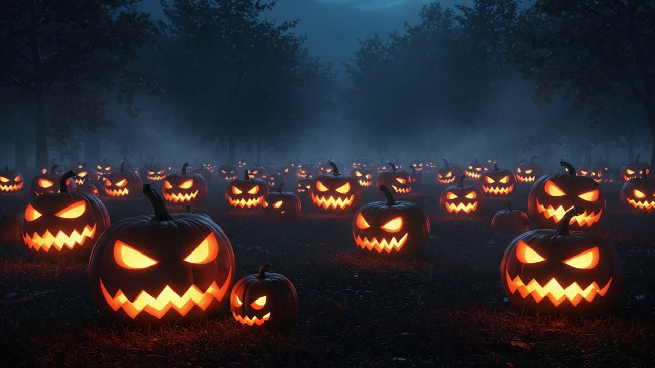A Haunted Halloween Scene Filled with Eerie, Glowing Jack-o'-Lanterns Under a Mysterious Night Sky, Perfectly Capturing the Spirit of the Season