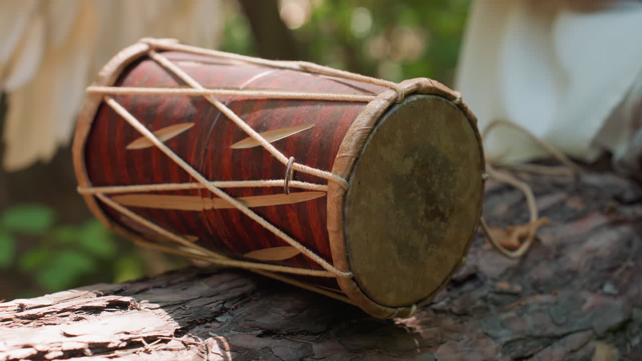 Close up of hand gently carrying traditional drum resting on forest log, sunlight reflecting across wooden surface and stretched leather, highlighting texture, rhythm, and spiritual