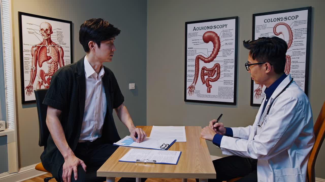 한 의사와 환자가 진료실에서 의료 차트에 대해 이야기하고 있습니다. 이 동영상은 중간 앵글 숏을 사용합니다.