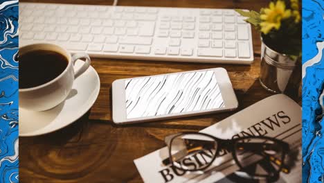 animation of desk with smartphone, coffee, glasses and keyboard over shapes