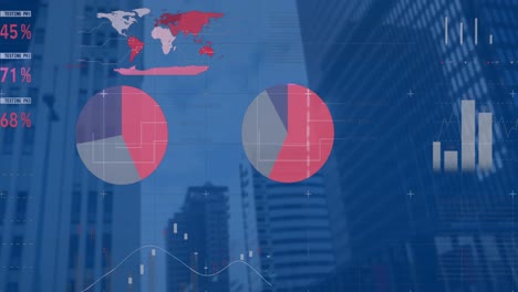 Animation-of-statistical-data-processing-against-low-angle-view-of-tall-buildings