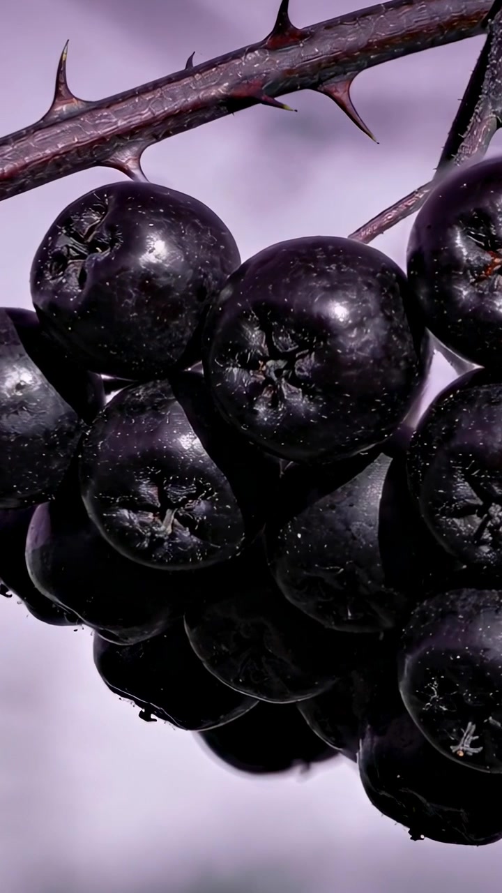 Video verticale: Telecamera che si inclina rivelando bacche scure e lucide in dettaglio, stelo spinoso, goccia e seta
