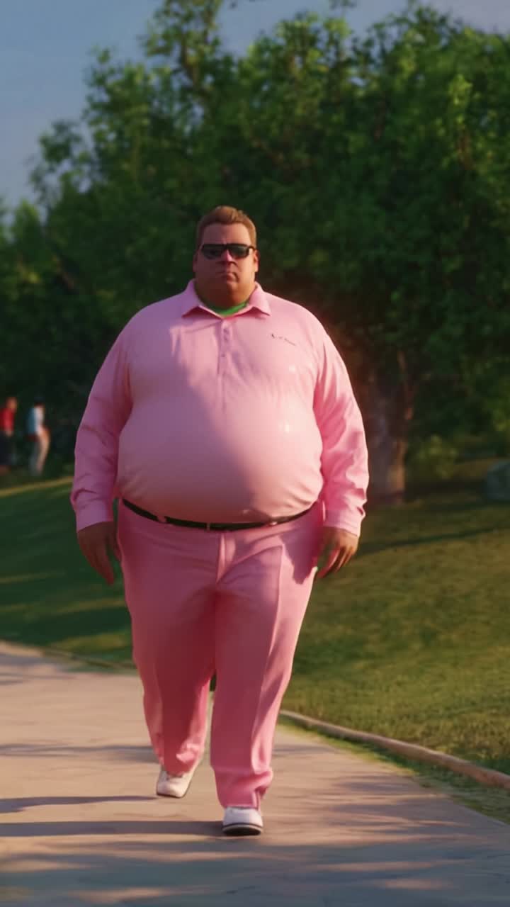 Una persona sicura di sé con un abito rosa passeggia tranquillamente lungo un sentiero soleggiato, mettendo in mostra una scelta di moda audace e un atteggiamento rilassato in mezzo a un lussureggiante sfondo verde