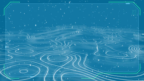 digital interface layout over snow falling over topography against blue background