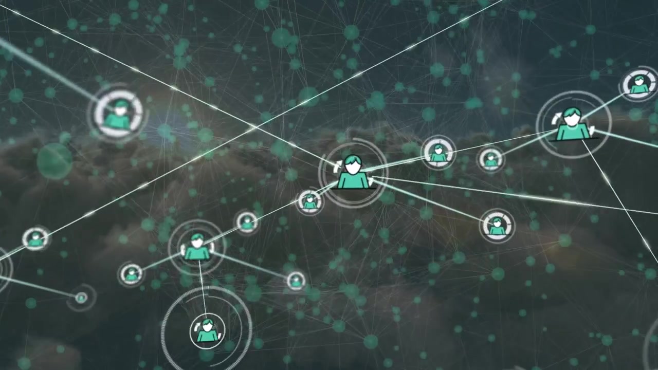 Animation af et netværk af forbindelser med personikoner over himmel og skyer.