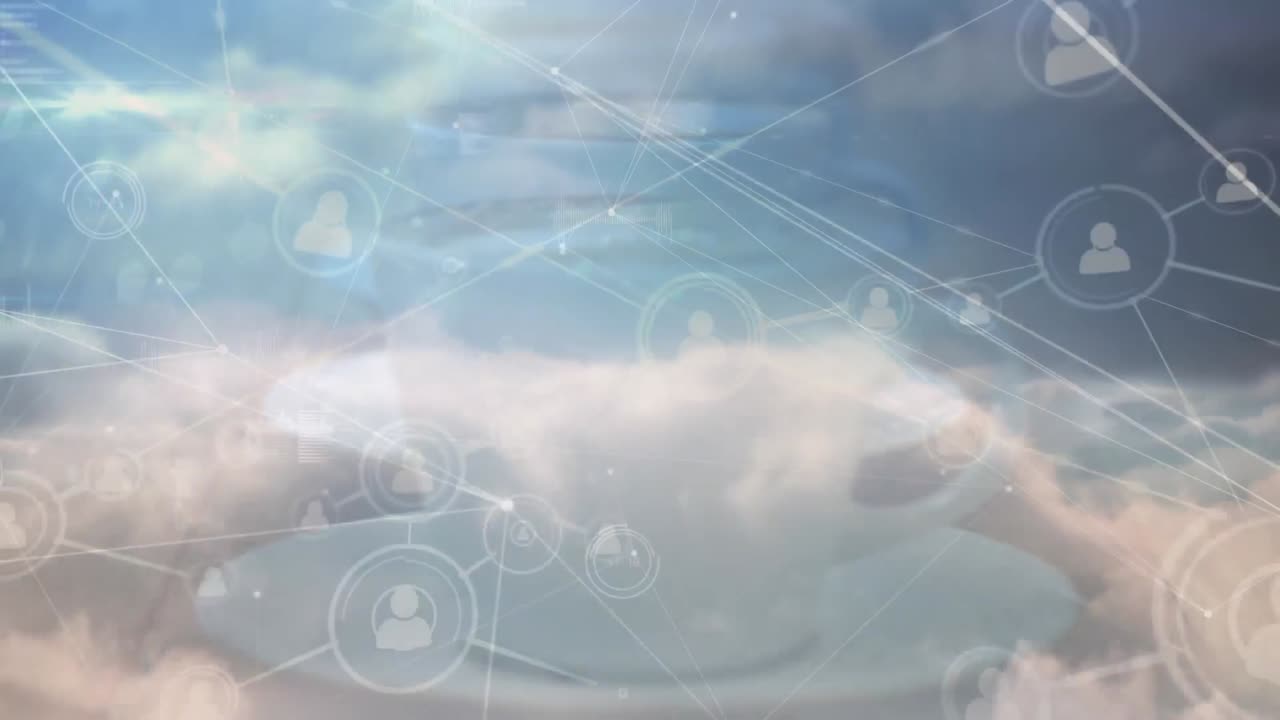 animación de iconos de personas sobre una taza de café y red de conexiones