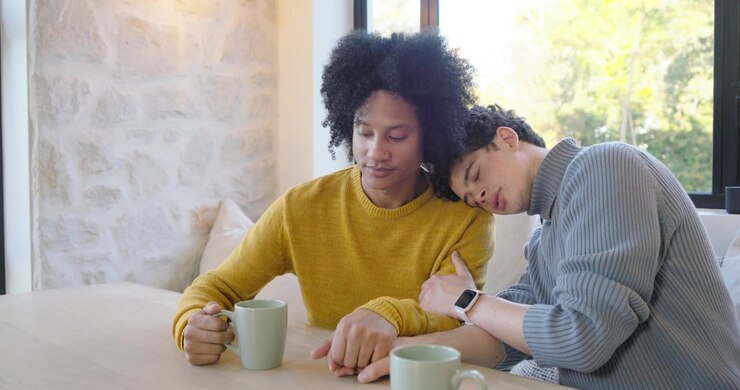 Due giovani uomini che conversano e si tengono per mano a casa