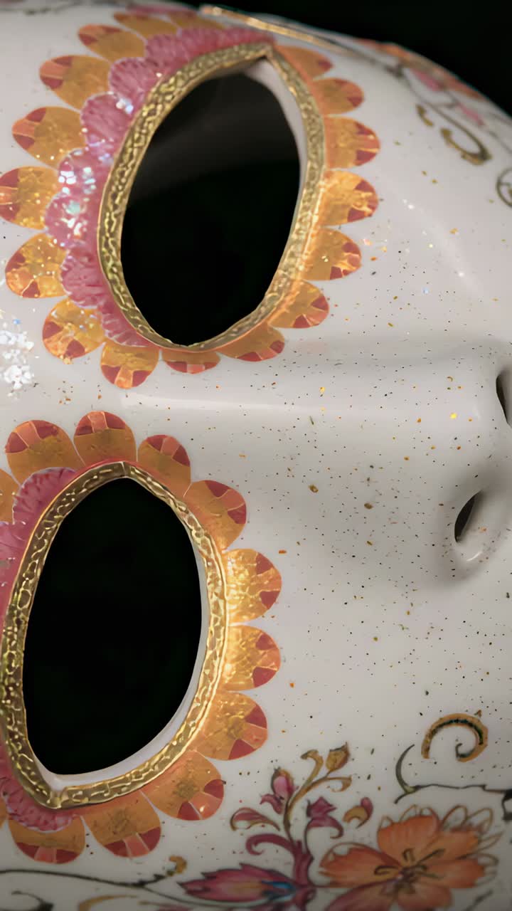 Vertical video: Tilting camera showing mask on black backdrop to reveal green gem and gold trim