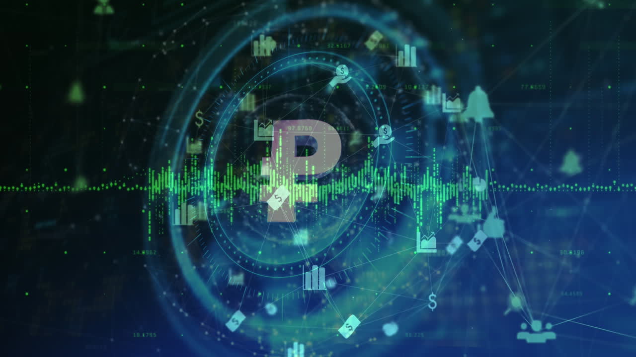 암호화폐 p 기호의 애니메이션, 스 스캔 및 데이터 처리