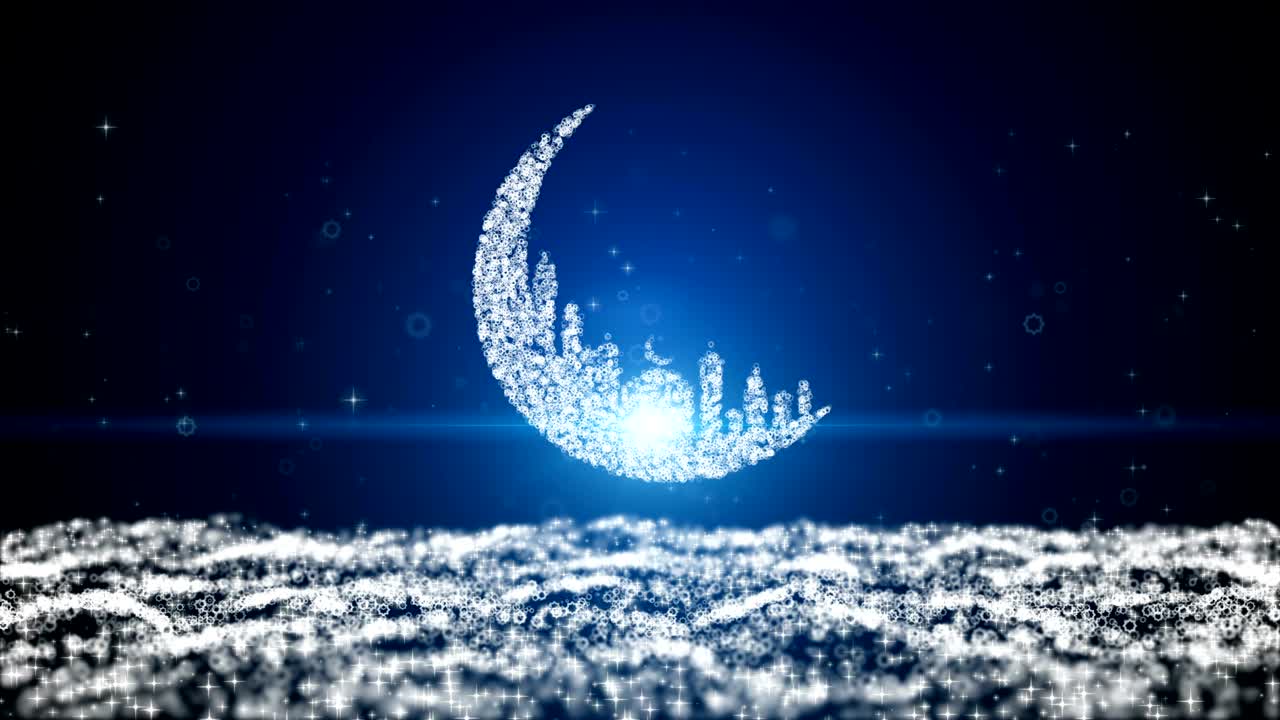 animación, fondo abstracto de movimiento, anuncio de avistamiento de la mezquita de la luna ramadán kareem mubarak giro con fondo azul cielo.
