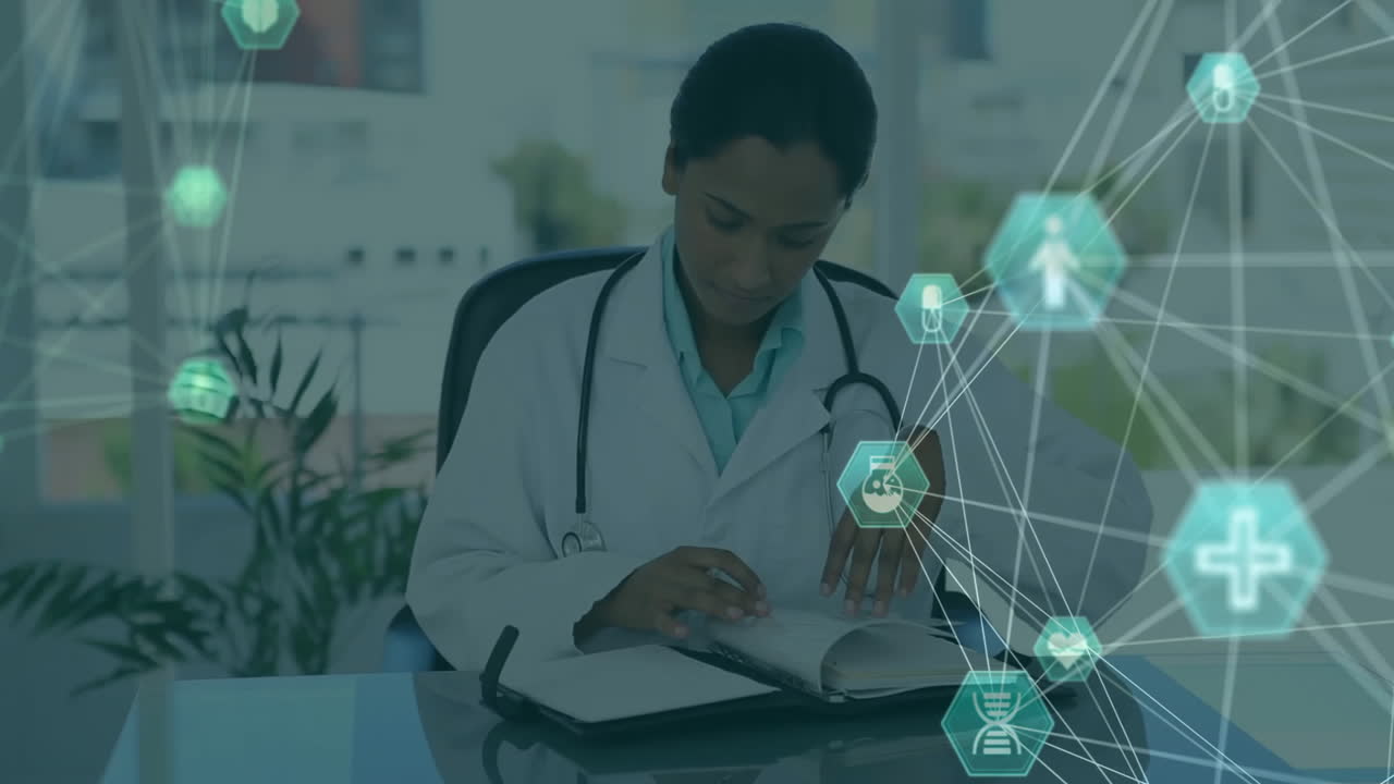 Medical network and data processing animation over doctor studying in office