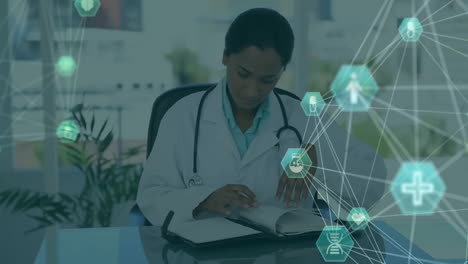 medical network and data processing animation over doctor studying in office