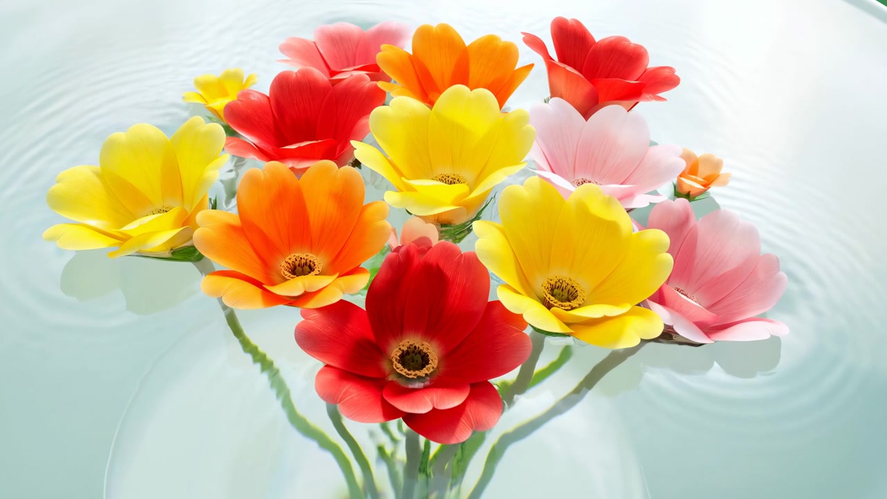Vivace bouquet primaverile di fiori gialli, rossi e rosa in una ciotola di vetro con delicate increspature dell'acqua, ideale per fioristi