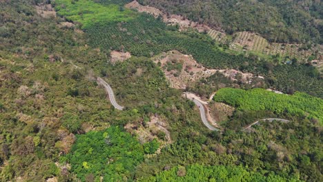 Bird's-eye-view-of-a-road-winding-through-the-forest-in-Songklaburi,-Thailand