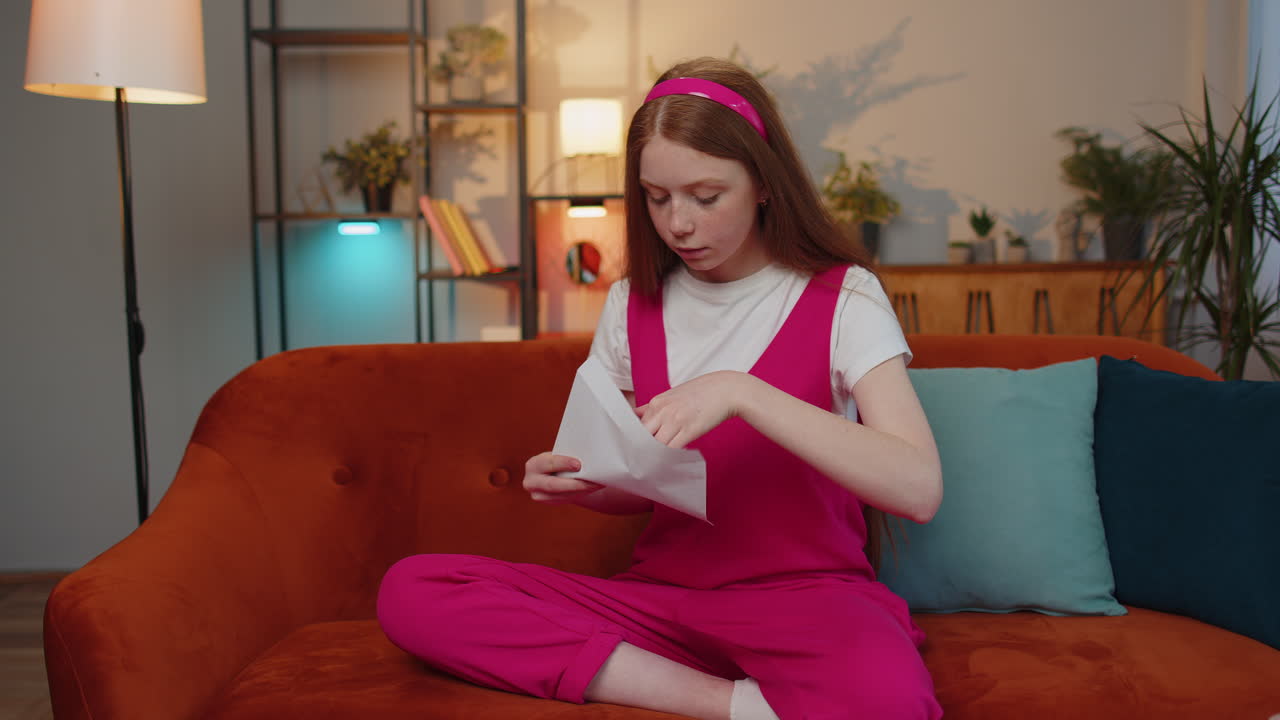 Bambina che apre una busta, legge la lettera e si sente felice, crescita di carriera, avanzamento, promozione, approvazione del prestito bancario.